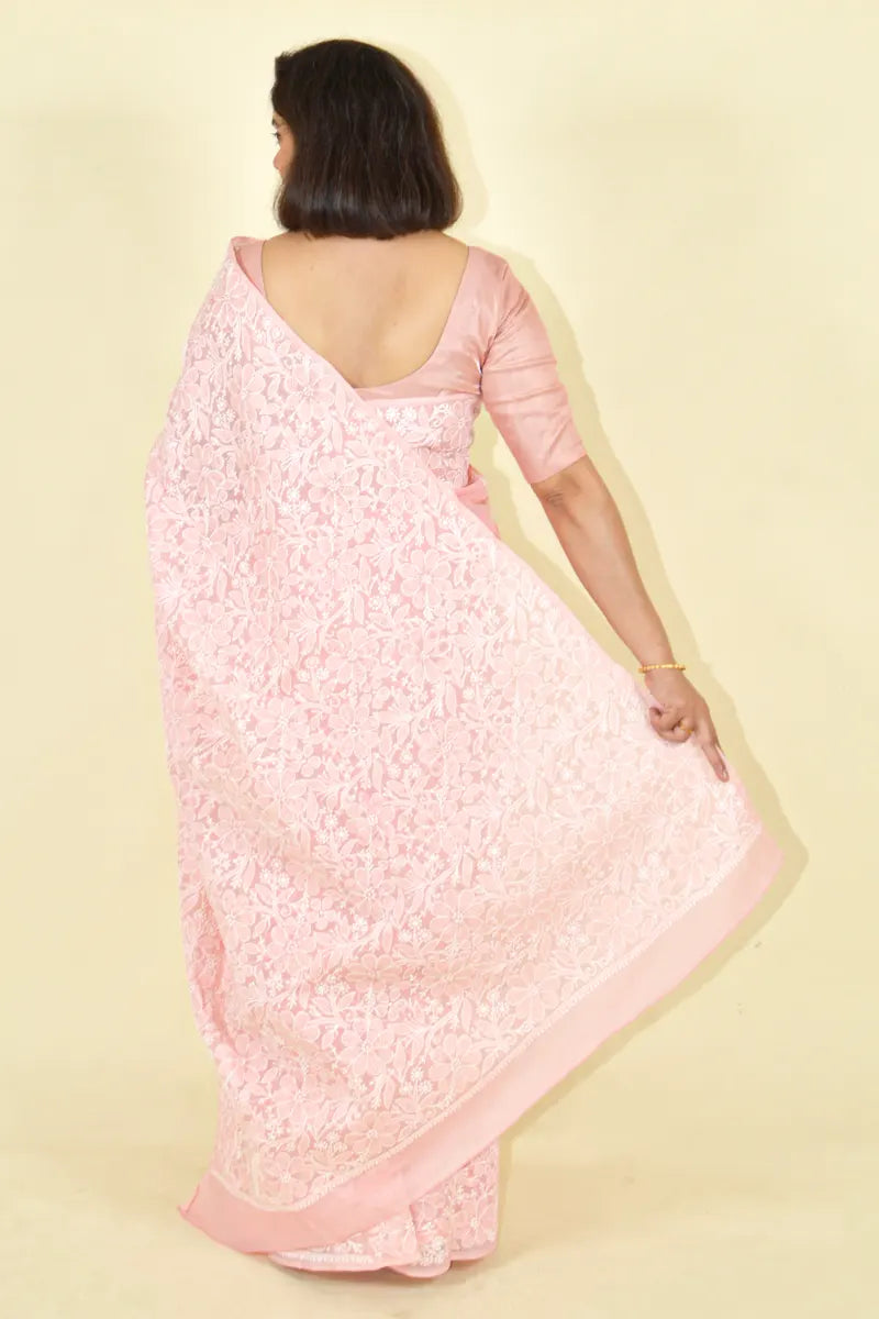 Fabnuma Handcrafted Peach Cotton Chikankari Saree-Blouse - Fabnuma