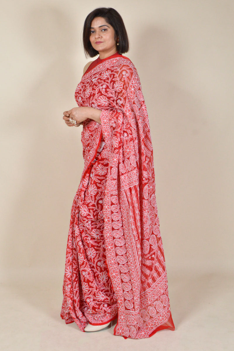 Fabnuma Handcrafted Red Georgette Chikankari Saree-Blouse - Fabnuma