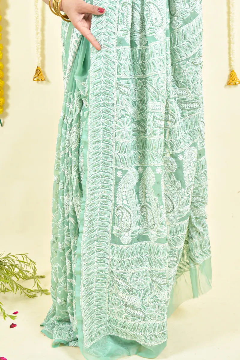 Fabnuma Handcrafted Pista Green Georgette Chikankari Saree-Blouse - Fabnuma
