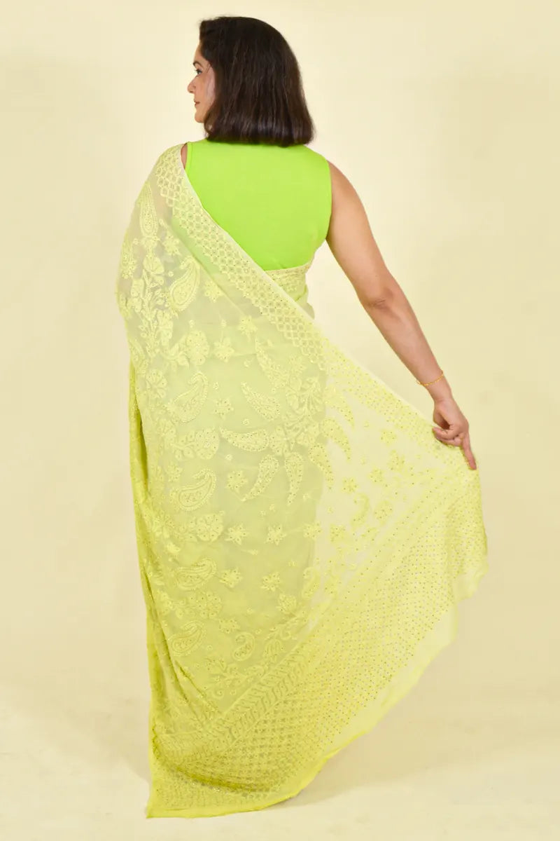 Fabnuma Handcrafted Green Viscose Chikankari Saree-Blouse - Fabnuma