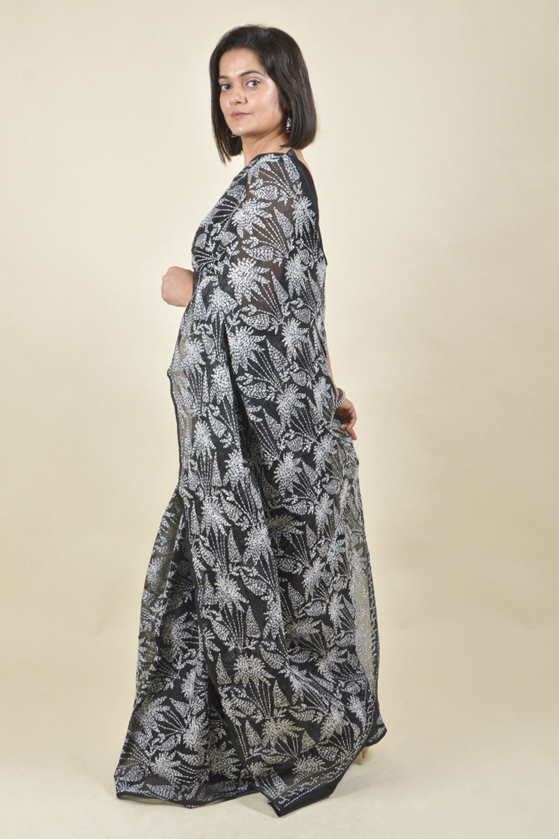 Fabnuma Handcrafted Black Kota Cotton Chikankari Saree-Blouse - Fabnuma