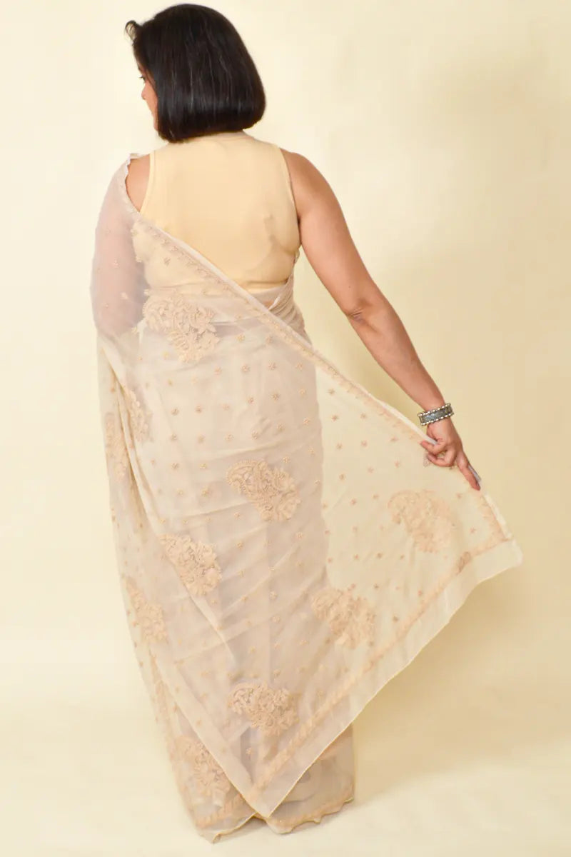 Fabnuma Handcrafted Beige Georgette Chikankari Saree-Blouse - Fabnuma