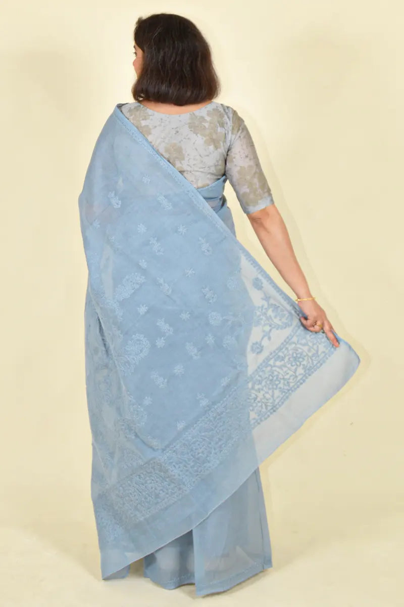 Fabnuma Handcrafted Gray Cotton Chikankari Saree-Blouse