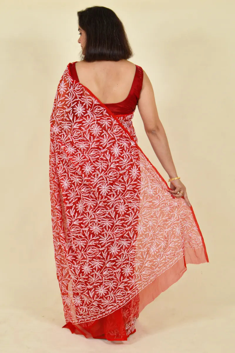 Fabnuma Handcrafted Red Georgette Chikankari Saree-Blouse - Fabnuma