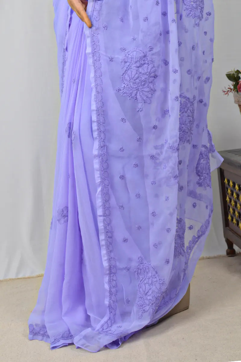 Lavender georgette saree with allover handcrafted Lucknowi Chikankari embroidery and matching blouse – ethnic elegance by MeMaana.