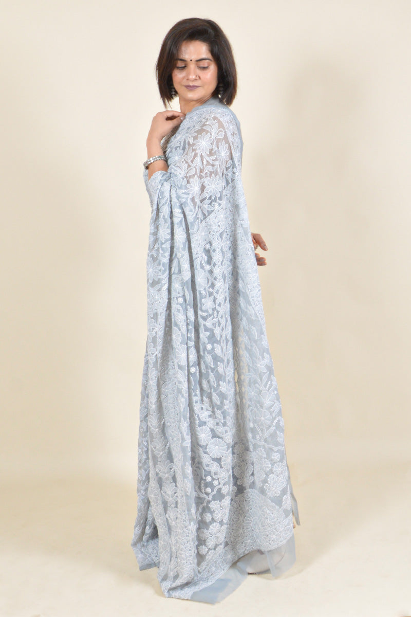 Fabnuma Handcrafted Gray Georgette Chikankari Saree-Blouse - Fabnuma