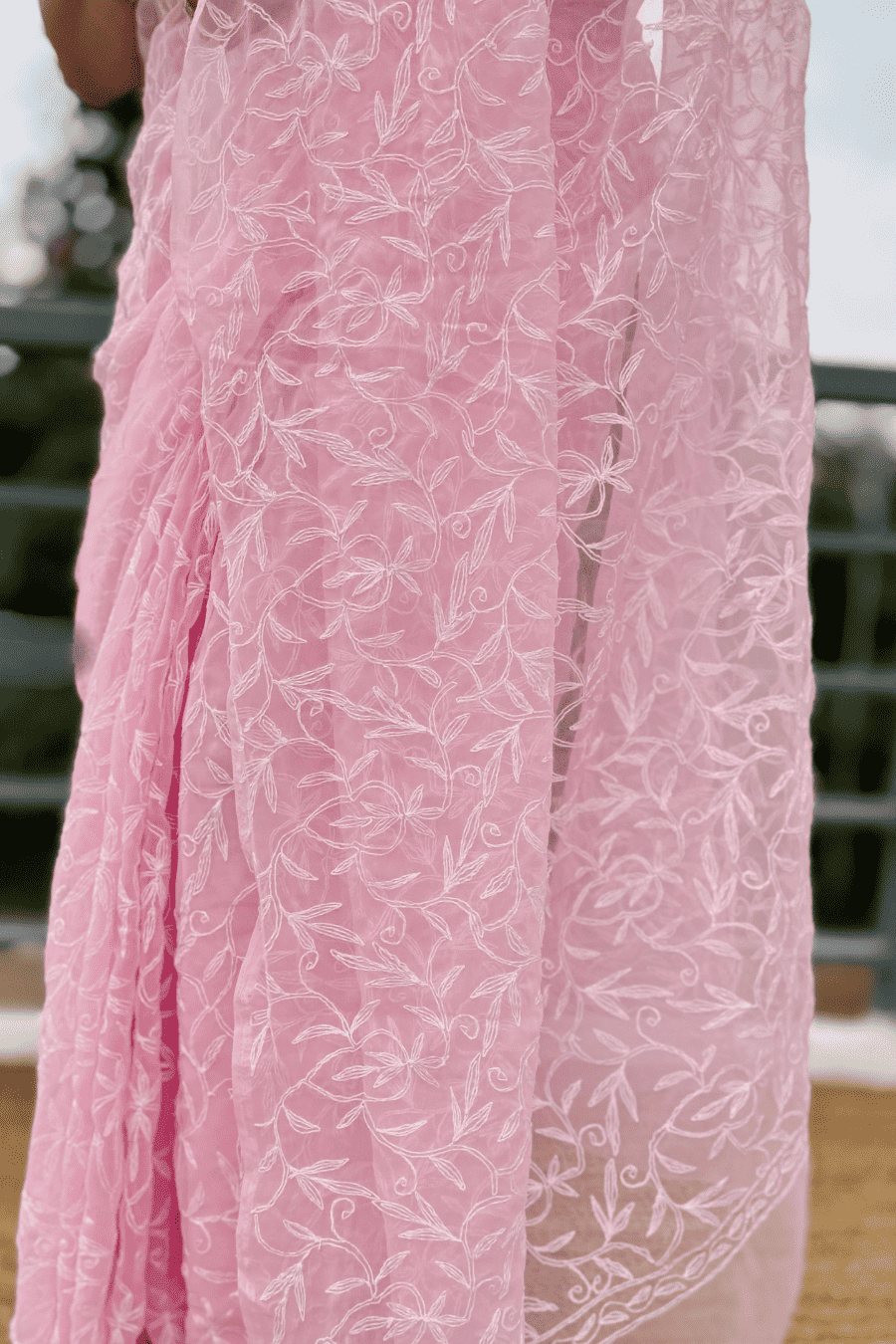 MeMaana Handcrafted Pink Georgette Tepchi Chikankari Saree-Blouse