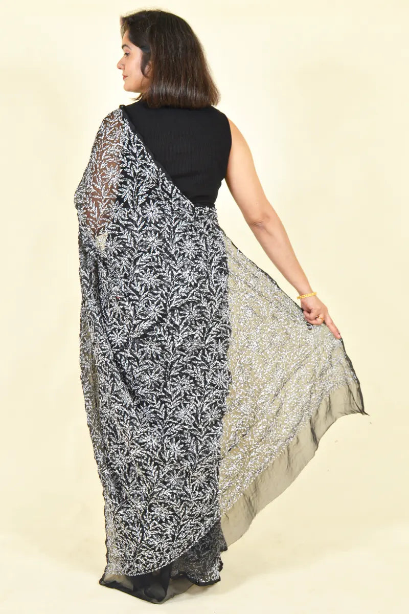 Fabnuma Handcrafted Black Georgette Chikankari Saree-Blouse - Fabnuma