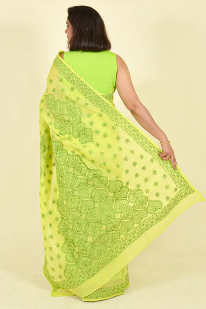 Fabnuma Handcrafted Green Cotton Chikankari Saree-Blouse - Fabnuma