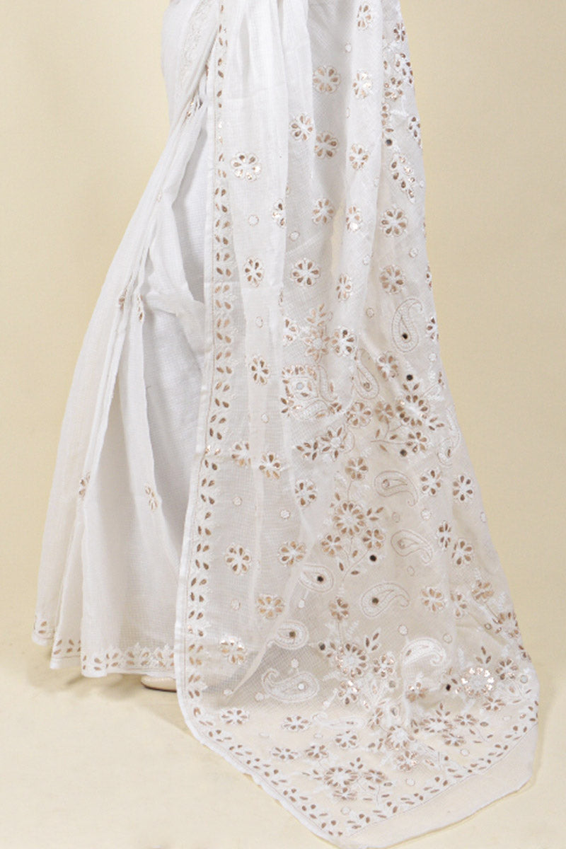 Fabnuma Handcrafted White Kota Cotton Chikankari Saree-Blouse - Fabnuma