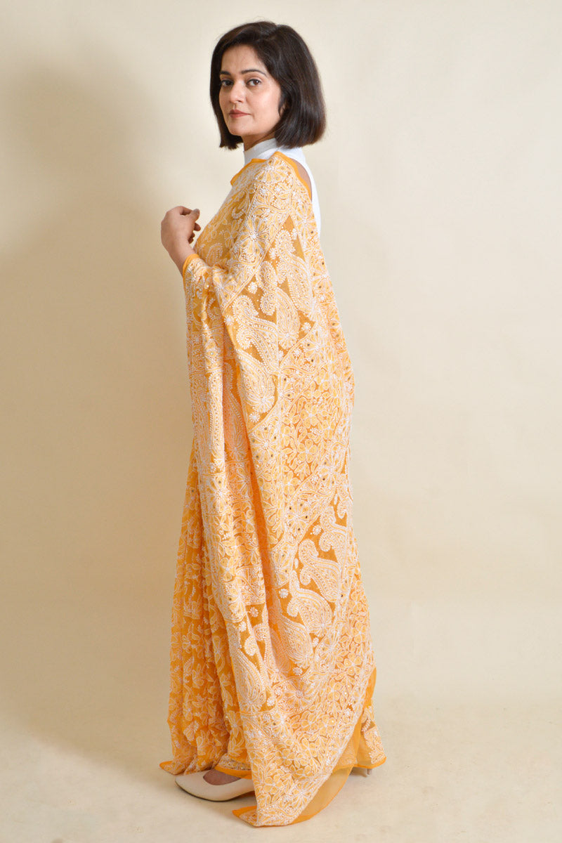 Fabnuma Handcrafted Orange Georgette Chikankari mukaish work Saree-Blouse - Fabnuma