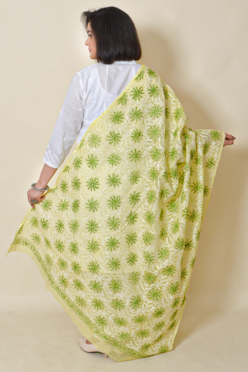 Fabnuma Handcrafted Yellow Kota Cotton Chikankari Dupatta - Fabnuma