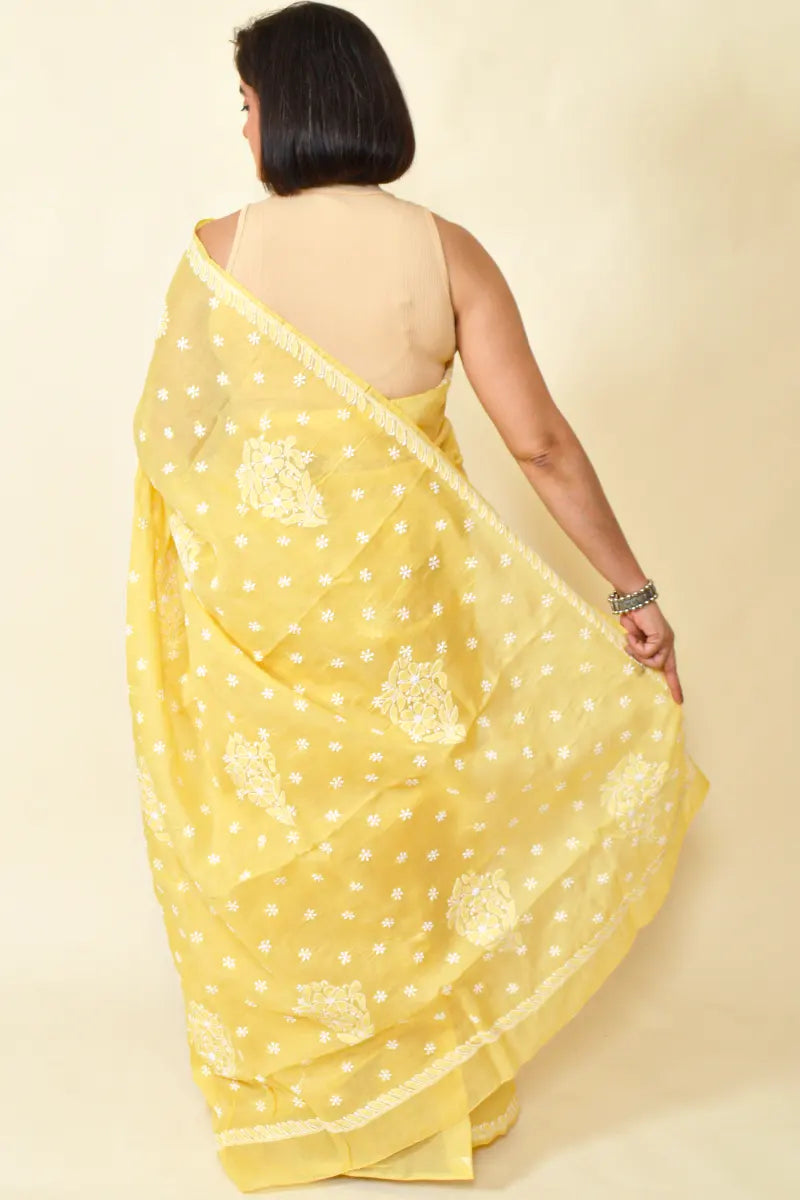 Fabnuma Handcrafted Yellow Cotton Chikankari Saree-Blouse - Fabnuma