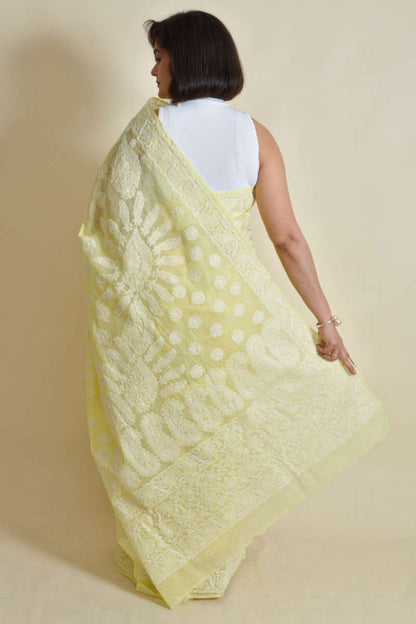 Fabnuma Handcrafted Lemon Cotton Chikankari Saree Wth Blouse - Fabnuma