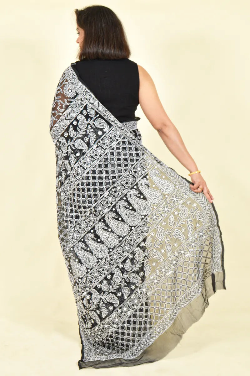 Fabnuma Handcrafted Black Georgette Chikankari Saree-Blouse - Fabnuma