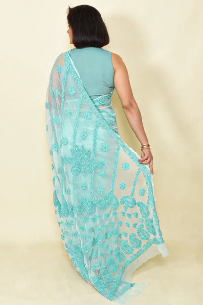 Fabnuma Handcrafted Sky Blue Georgette Chikankari Saree-Blouse - Fabnuma