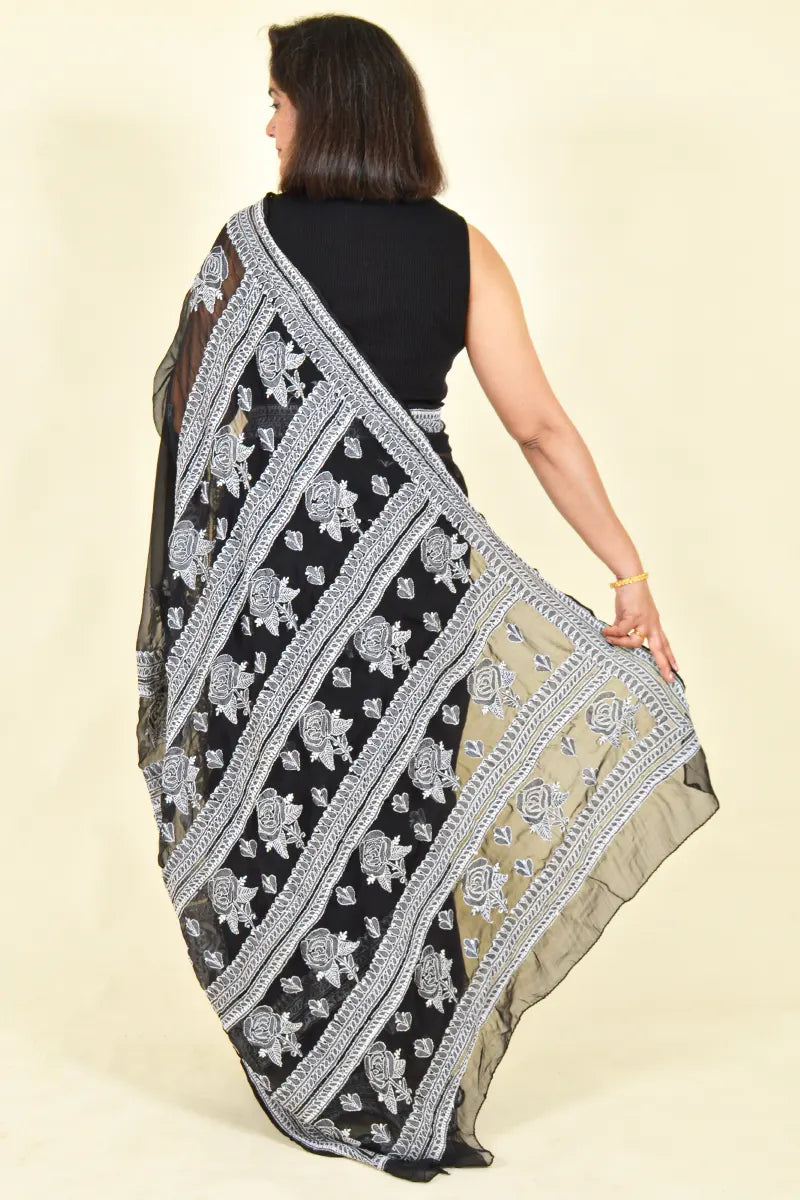 Fabnuma Handcrafted Black Georgette Chikankari Saree-Blouse - Fabnuma