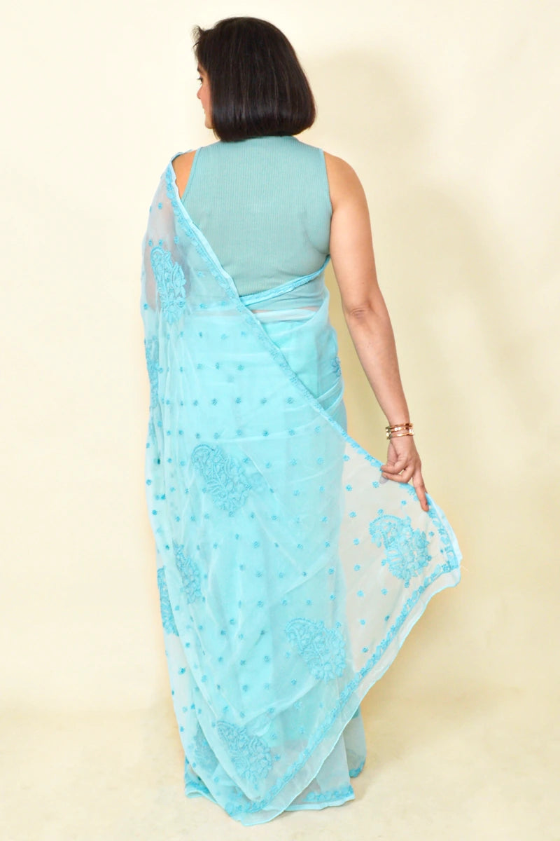 Fabnuma Handcrafted Sky Blue Georgette Chikankari Saree-Blouse - Fabnuma