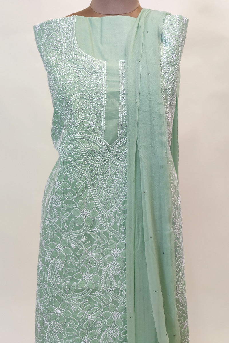 Fabnuma Handcrafted Pista Green Cotton Chikankari 3Pcs Unstiched Suit Set - Fabnuma