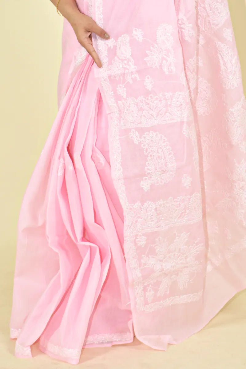 Fabnuma Handcrafted Pink Cotton Chikankari Saree-Blouse Fabnuma