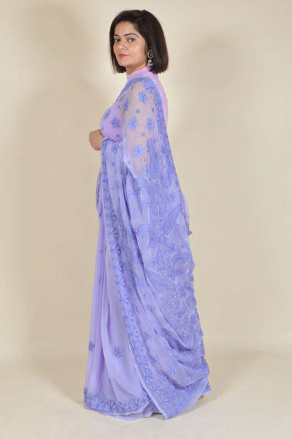 Fabnuma Handcrafted Lavender Georgette Chikankari Saree-Blouse - Fabnuma