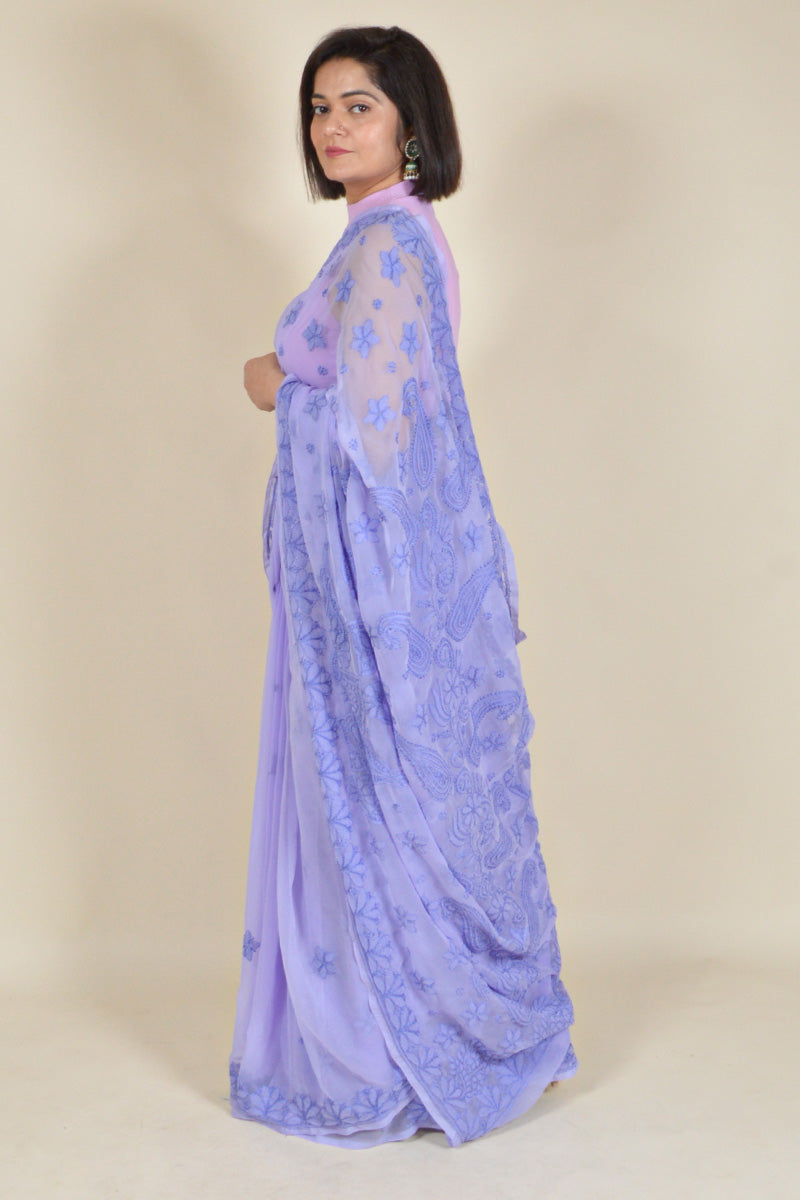 Fabnuma Handcrafted Lavender Georgette Chikankari Saree-Blouse - Fabnuma