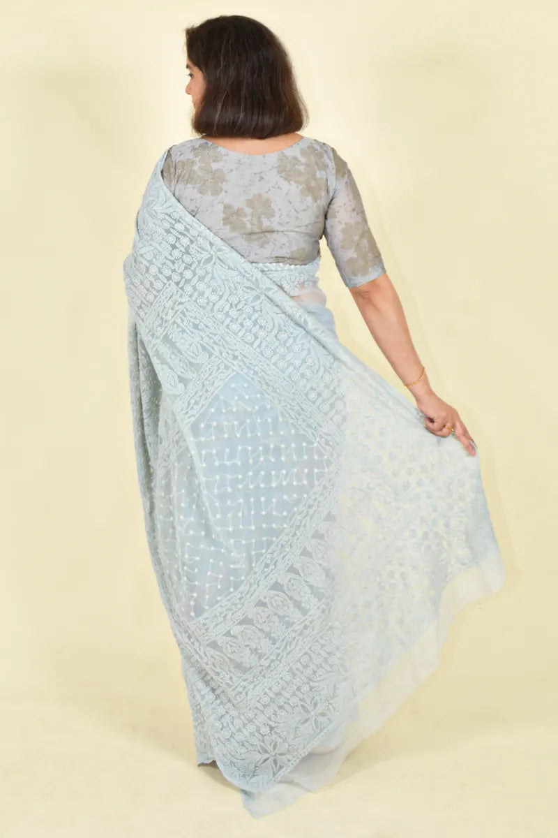 Fabnuma Handcrafted Gray Georgette Chikankari Saree-Blouse Fabnuma