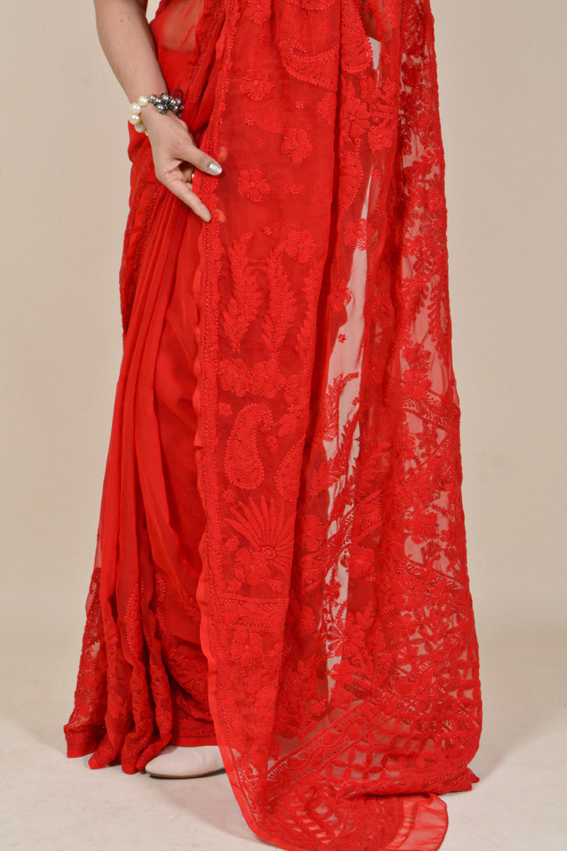 Fabnuma Handcrafted Red Georgette Chikankari Saree-Blouse - Fabnuma