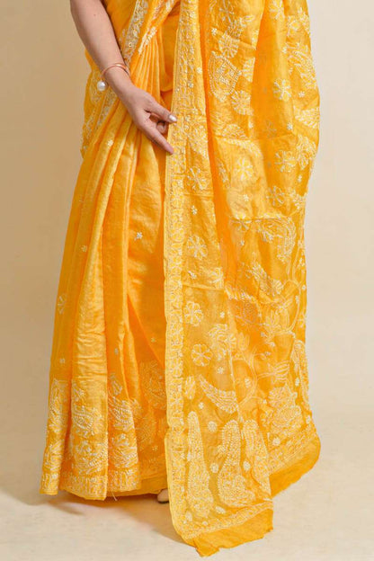 Fabnuma Handcrafted Yellow Tussar Silk Chikankari Saree-Blouse - Fabnuma