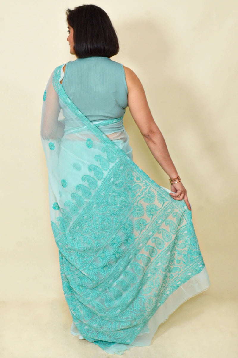 Fabnuma Handcrafted Aqua Green Georgette Chikankari Saree-Blouse - Fabnuma