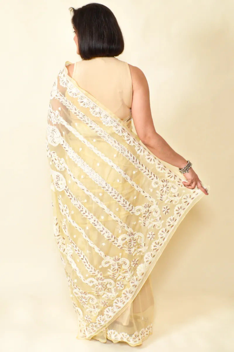 Fabnuma Handcrafted Fawn Georgette Gota Patti Chikankari Gota Patti Work Saree-Blouse - Fabnuma