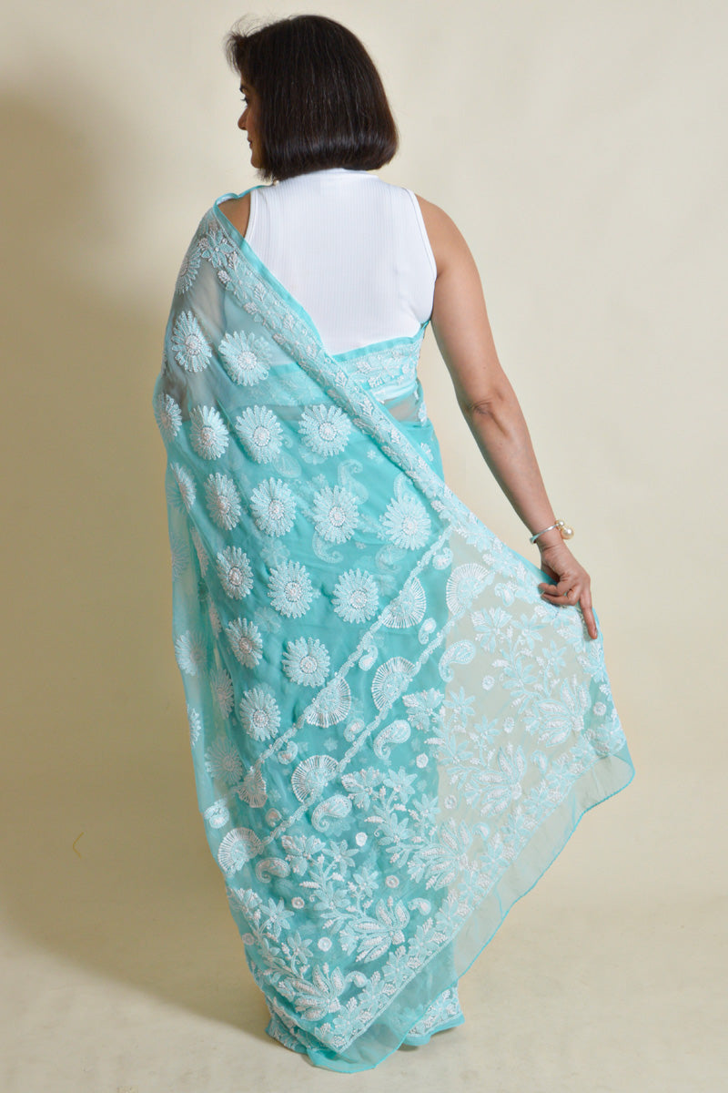 Fabnuma Handcrafted Aqua Green Georgette Chikankari Saree-Blouse - Fabnuma