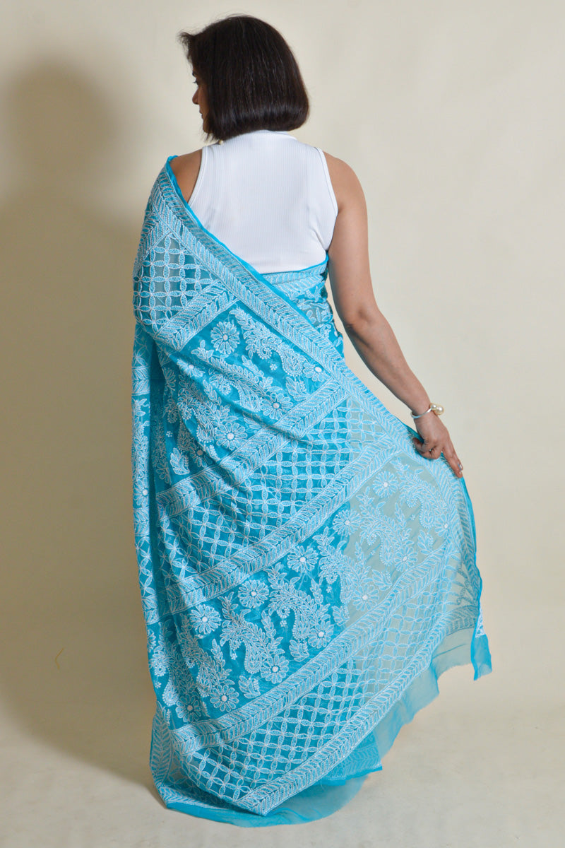 Fabnuma Handcrafted Turquoise Blue Georgette Chikankari Saree-Blouse - Fabnuma