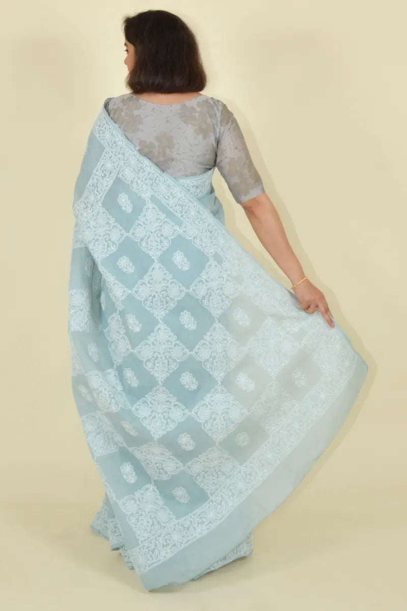 Fabnuma Handcrafted Gray Cotton Chikankari Saree-Blouse - Fabnuma