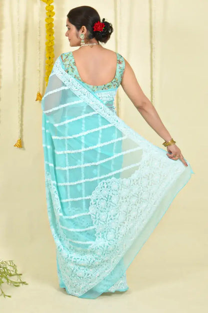 Fabnuma Handcrafted Sea Green Georgette Chikankari Saree-Blouse - Fabnuma