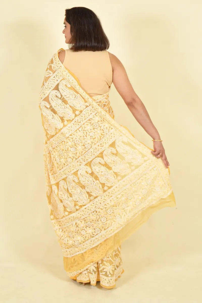 Fabnuma Handcrafted Fawn Georgette Chikankari Saree-Blouse - Fabnuma