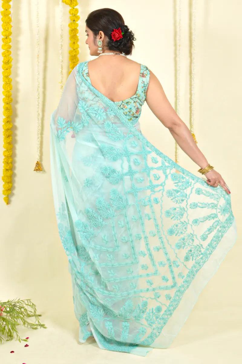 Fabnuma Handcrafted Sea Green Georgette Chikankari Saree-Blouse