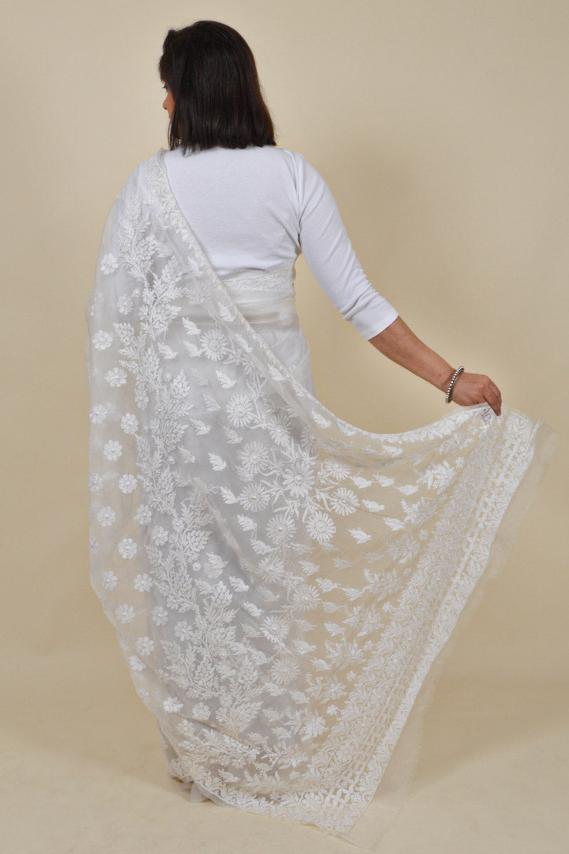 Fabnuma Handcrafted White Organza Chikankari Saree-Blouse - Fabnuma