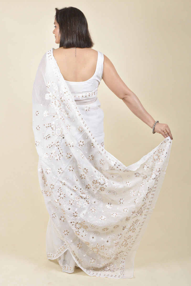 Fabnuma Handcrafted White Kota Cotton Chikankari Saree-Blouse - Fabnuma