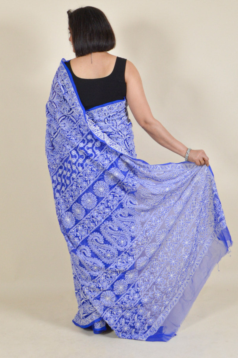 Fabnuma Handcrafted Blue Georgette Chikankari Saree-Blouse - Fabnuma