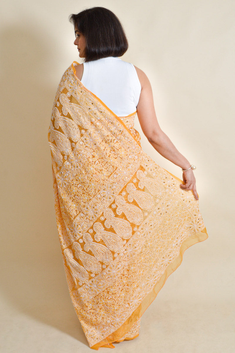 Fabnuma Handcrafted Orange Georgette Chikankari mukaish work Saree-Blouse - Fabnuma
