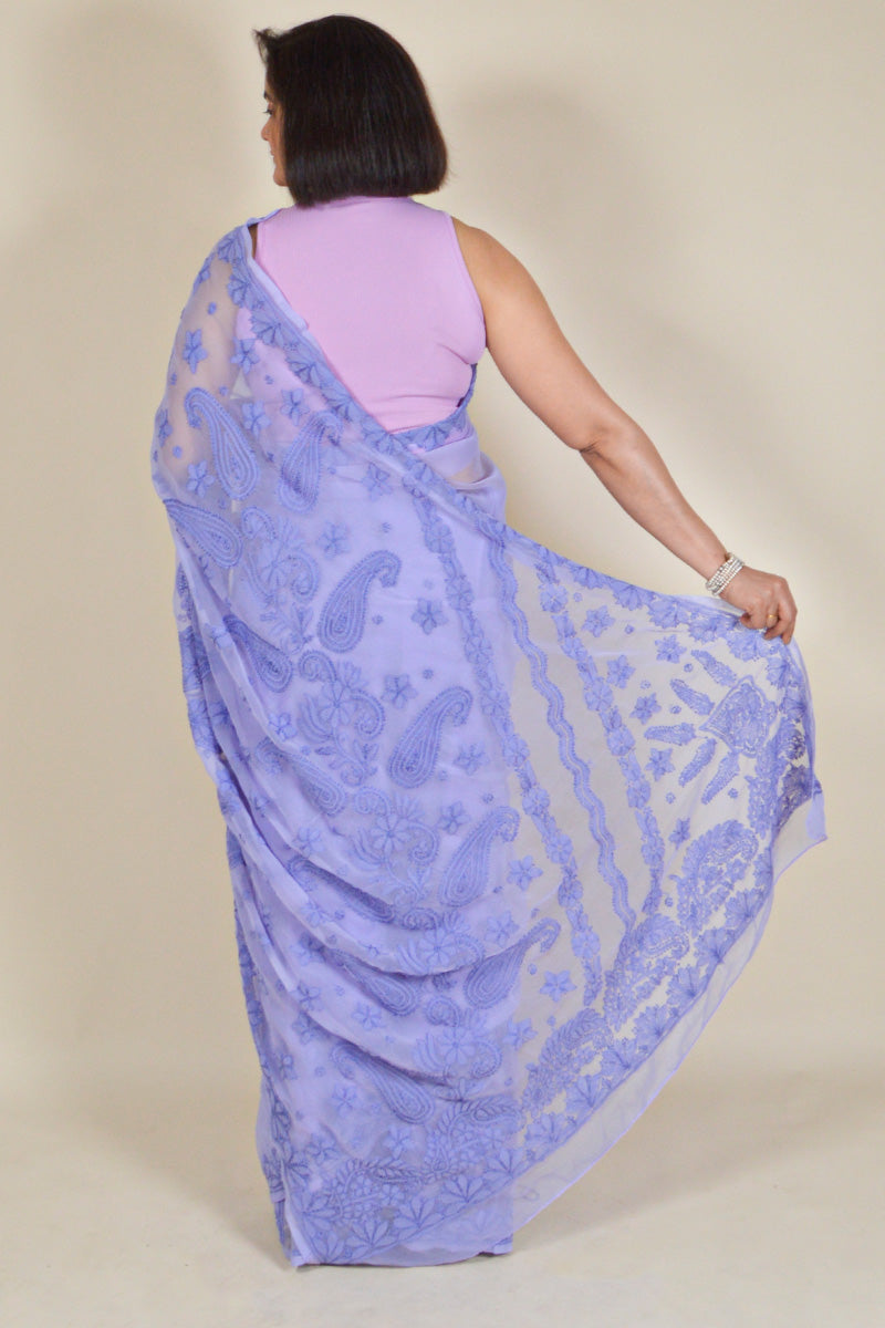 Fabnuma Handcrafted Lavender Georgette Chikankari Saree-Blouse - Fabnuma