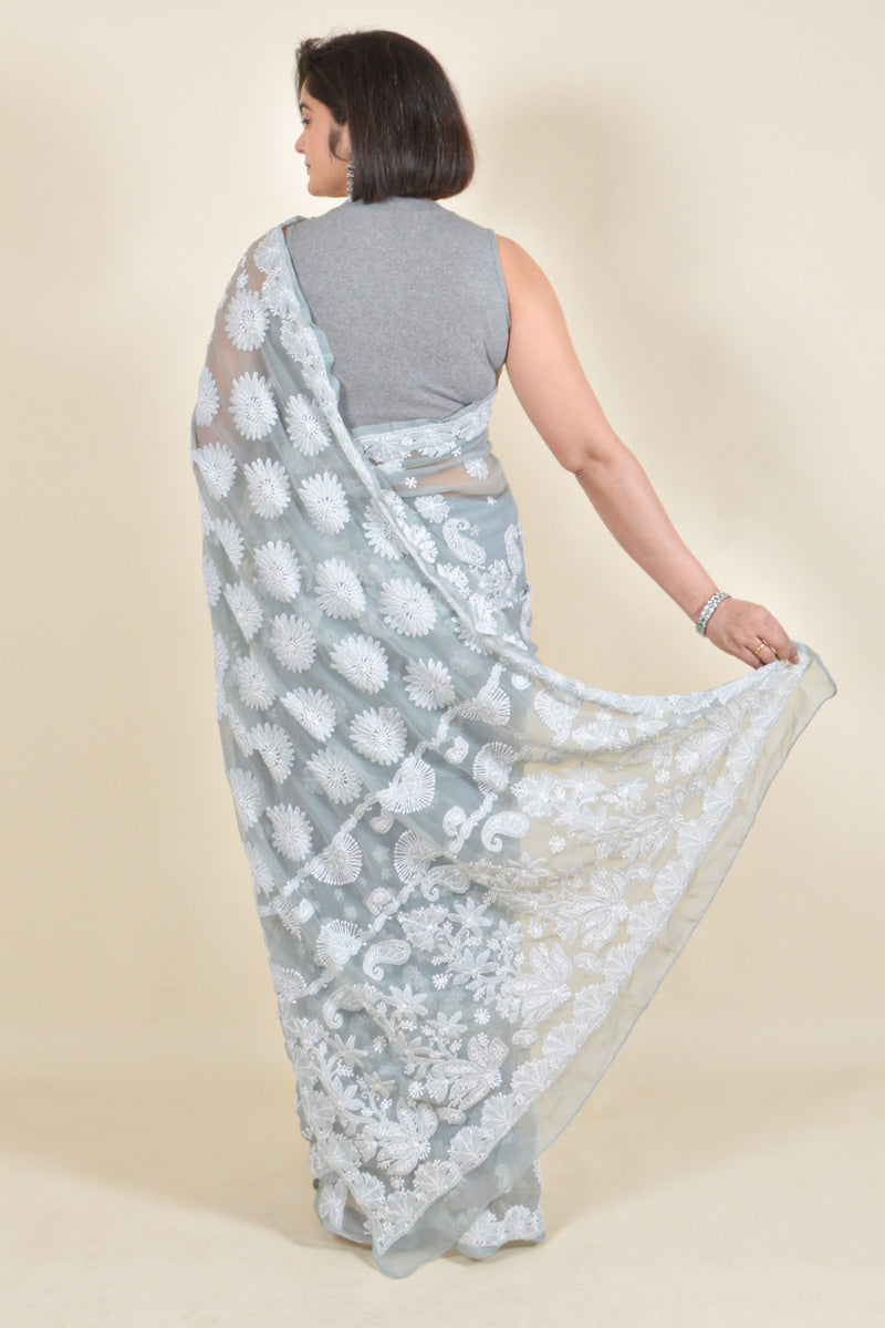 Fabnuma Handcrafted Gray Georgette Chikankari Saree-Blouse - Fabnuma