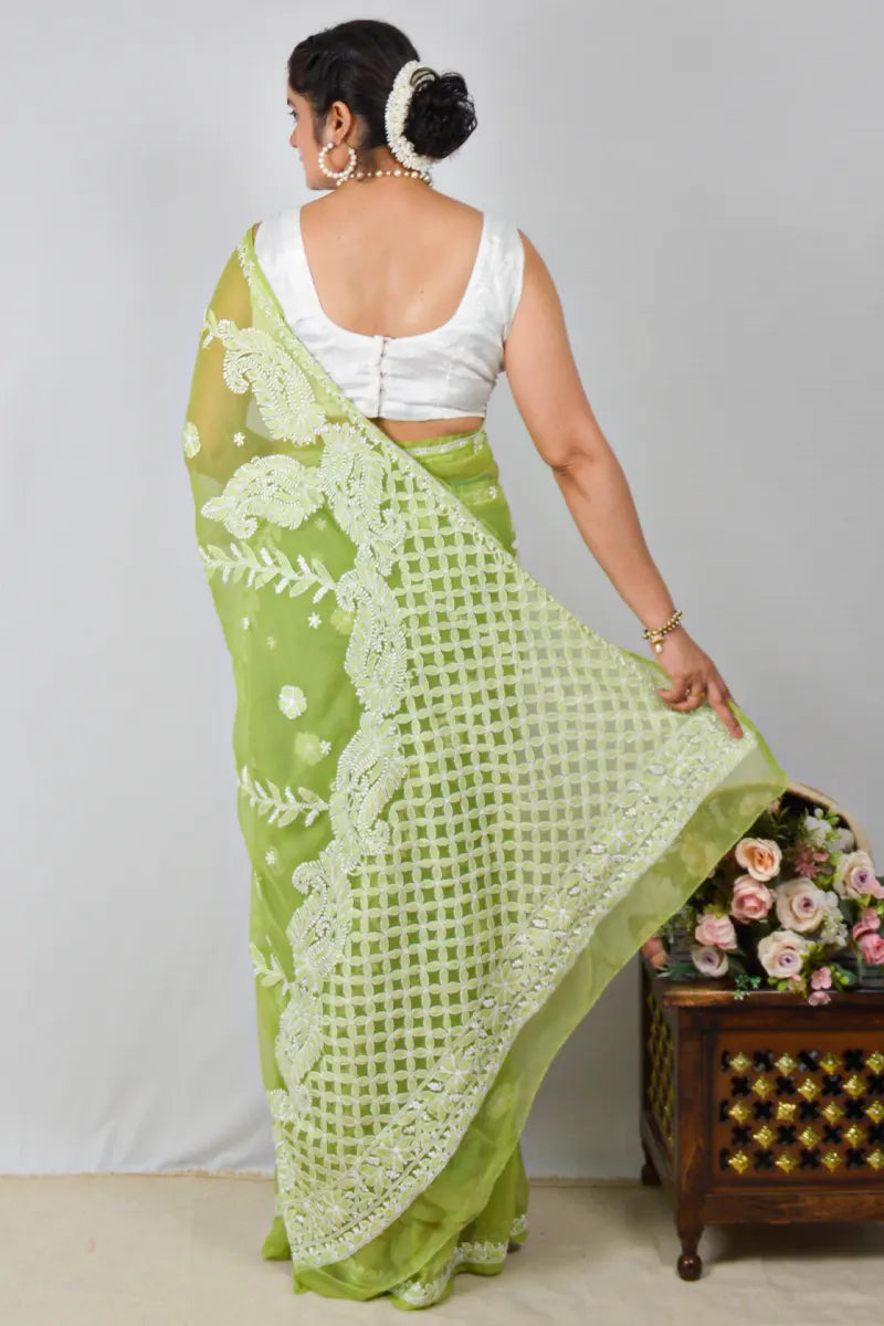 Green georgette saree with Lucknowi Chikankari embroidery and matching blouse – handcrafted ethnic saree by MeMaana.