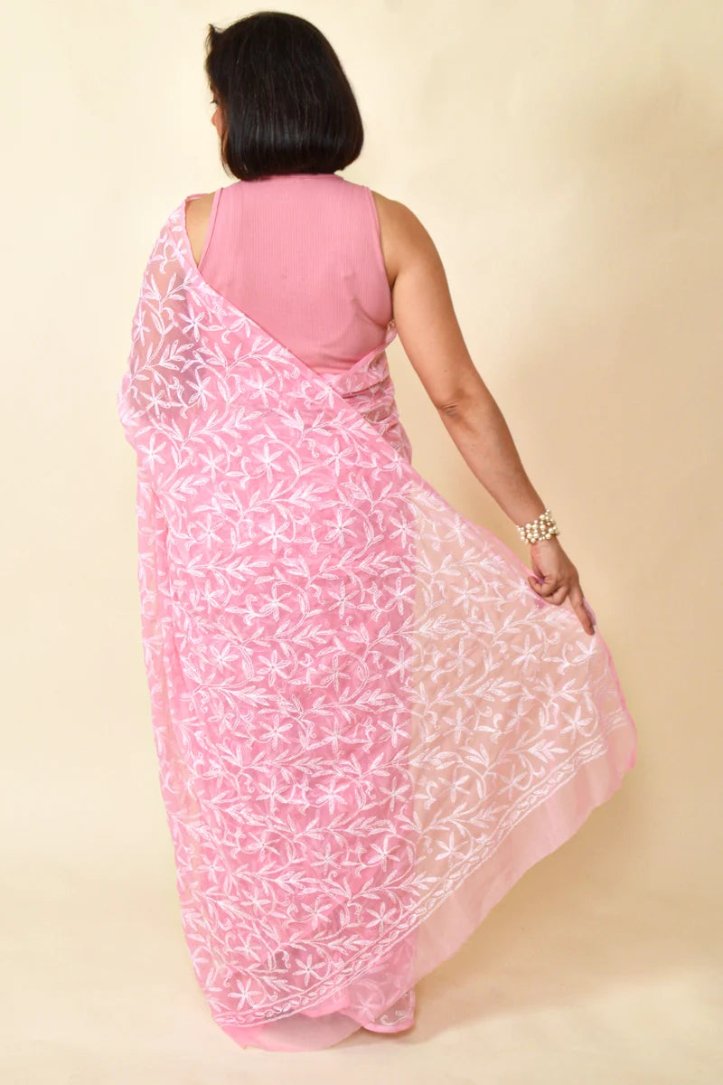 Fabnuma Handcrafted Peach Georgette Tepchi Chikankari Saree-Blouse - Fabnuma