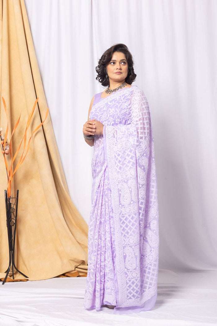 MeMaana Handcrafted Lavender Georgette Allover Chikankari Saree-Blouse MeMaana