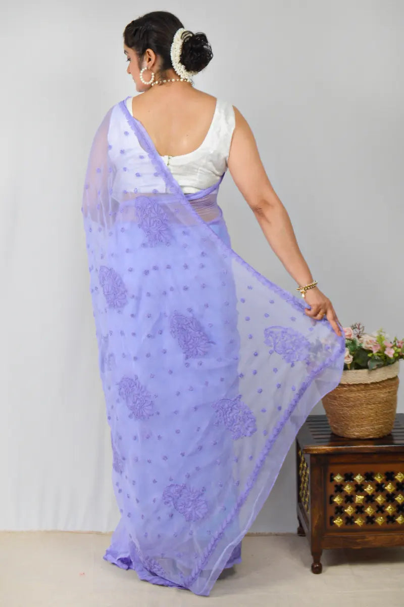 Lavender georgette saree with allover handcrafted Lucknowi Chikankari embroidery and matching blouse – ethnic elegance by MeMaana.