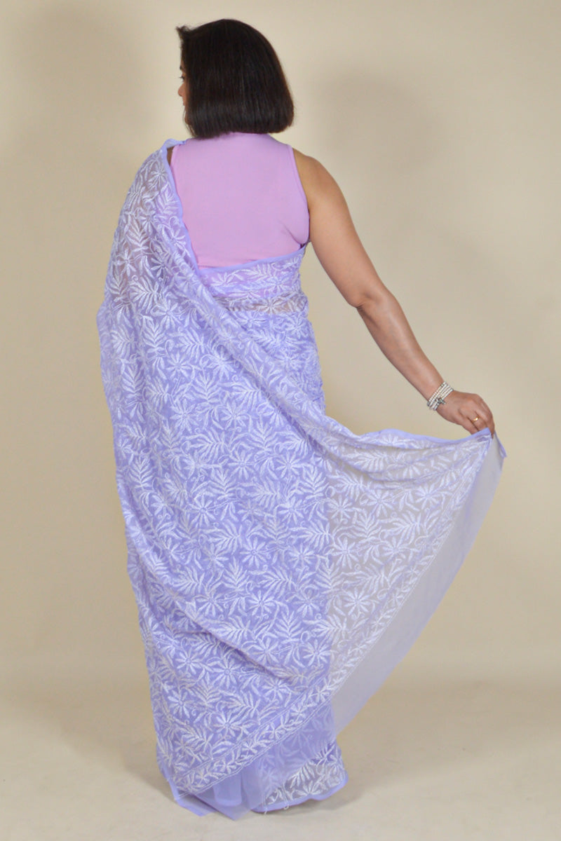 Fabnuma Handcrafted Lavender Georgette Tepchi Chikankari Saree-Blouse - Fabnuma