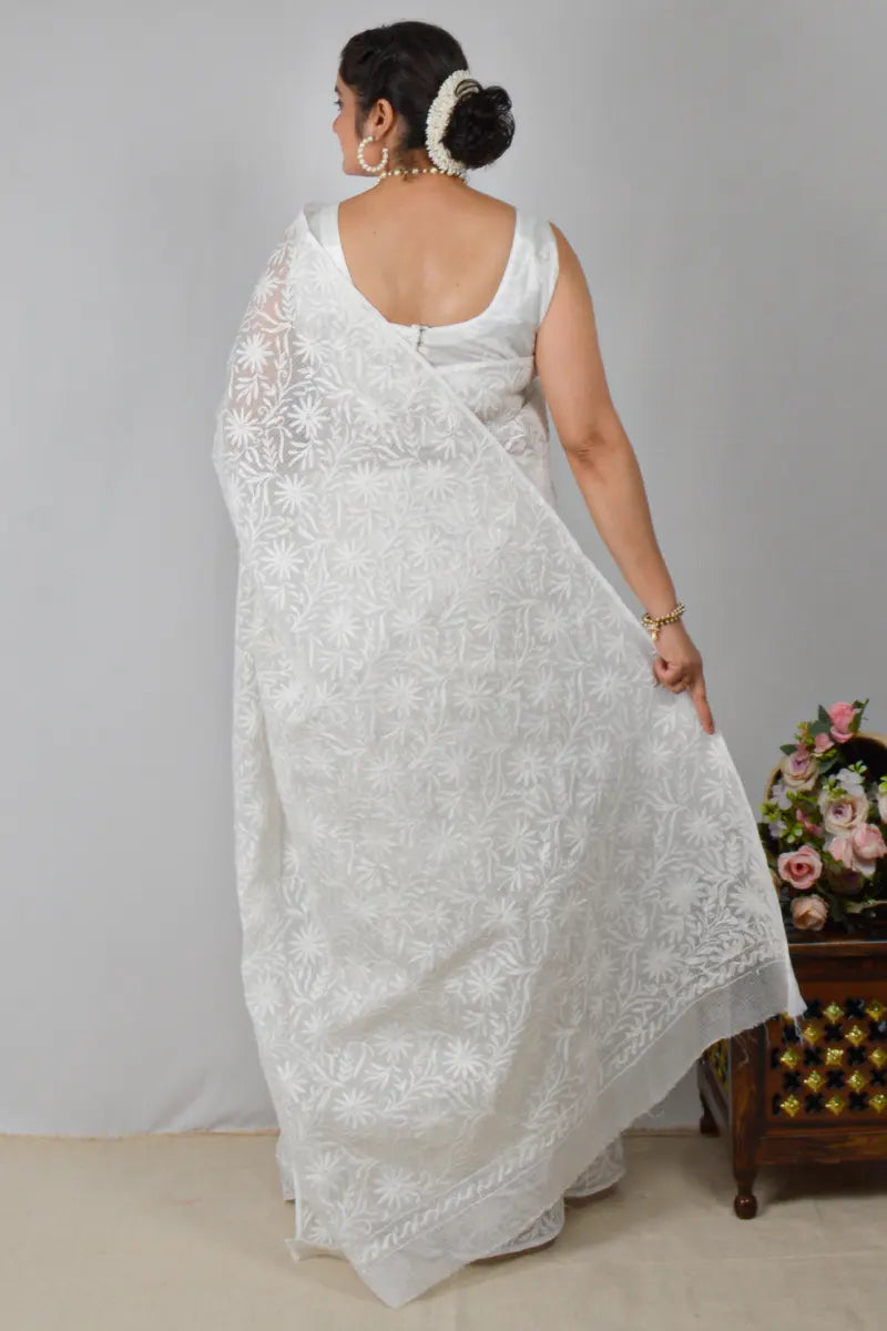 White Kota cotton saree with allover hand-embroidered Lucknowi Chikankari and matching blouse – handcrafted traditional saree by MeMaana.
