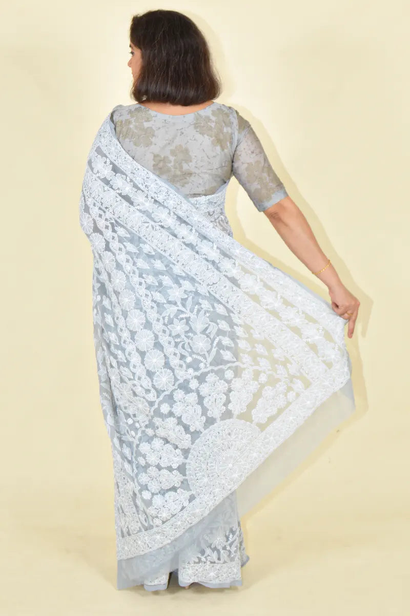 Fabnuma Handcrafted Gray Georgette Chikankari Saree-Blouse - Fabnuma